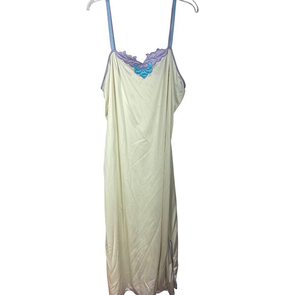 Vintage 60s Vanity Fair Ivory With Purple Blue Straps Long XL Nightie Embroidere - Picture 1 of 7